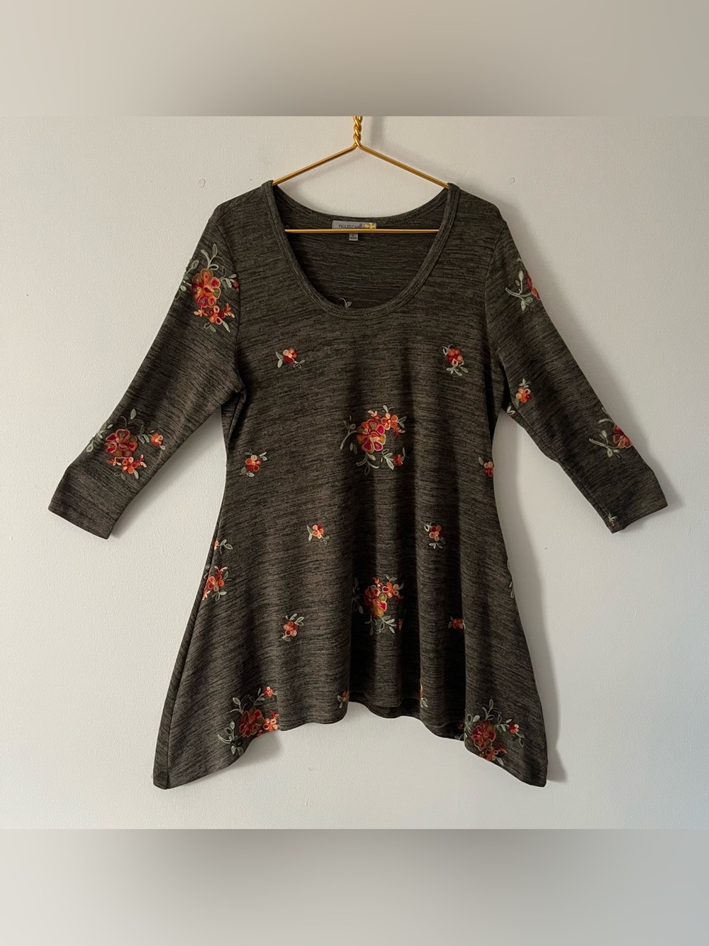 Figueroa & Flower Brown Knit Orange Floral Embroidered Tunic Asymmetrical Fall L
